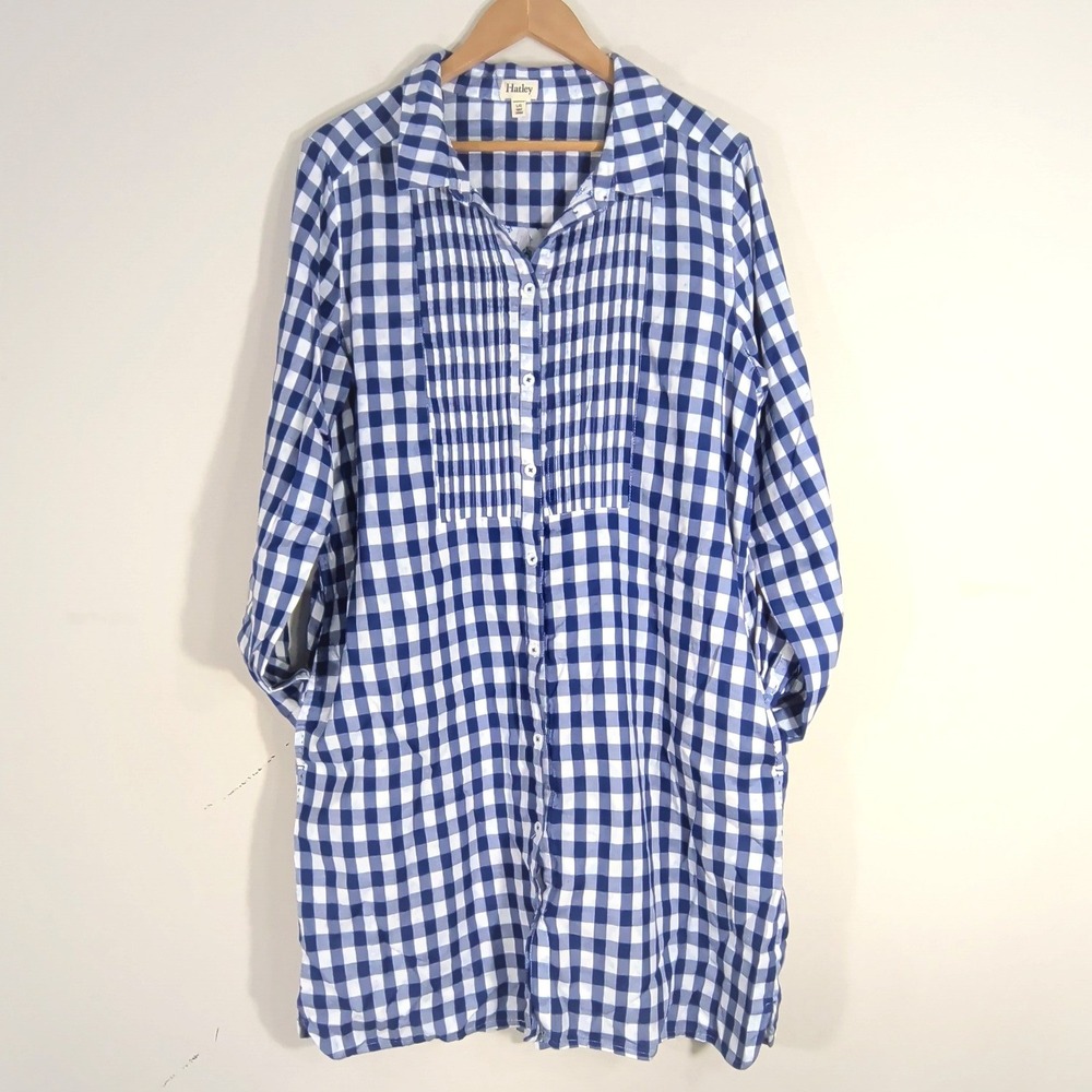 Hatley Blue Gingham Shirt Dress; Pintuck Pleated Cotton Button Front